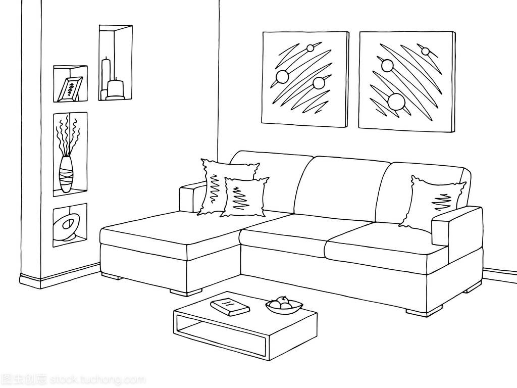 客廳圖 黑白色沙發與家用電器的素描插畫矢量藝術